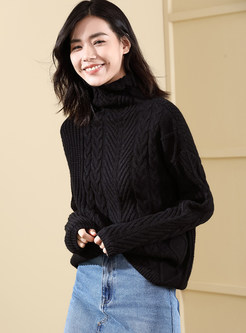 Solid Color Loose High Neck Knitted Twist Sweater