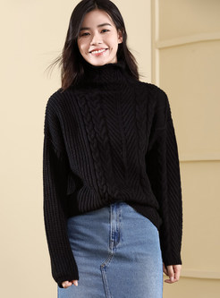 Solid Color Loose High Neck Knitted Twist Sweater