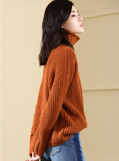 Solid Color High Neck Long Sleeve Loose Sweater