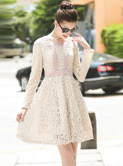 Sweet Guipure Lace-paneled High Waist Skater Dress