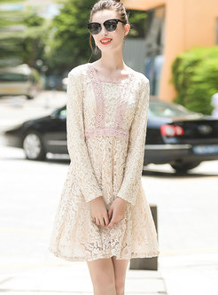 Sweet Guipure Lace-paneled High Waist Skater Dress