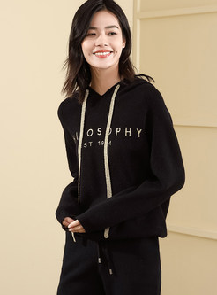 Loose Letter Print Hooded Drawstring Knitted Sweatshirt