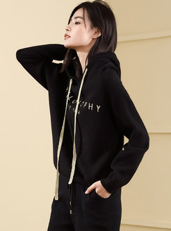 Loose Letter Print Hooded Drawstring Knitted Sweatshirt