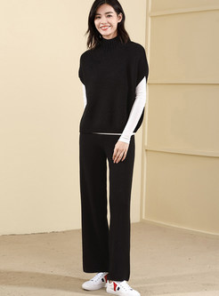 Pure Color Sleeveless Sweater & Knitted Wide Leg Pants