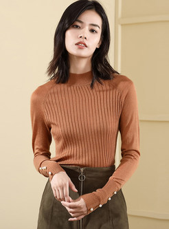Half High Neck Solid Color Beaded Sweater