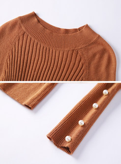 Half High Neck Solid Color Beaded Sweater
