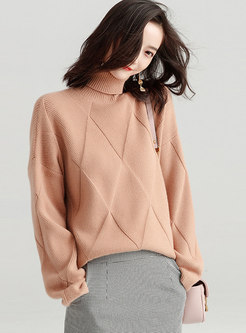 Autumn Apricot Thick Line High Neck Loose Knitted Sweater