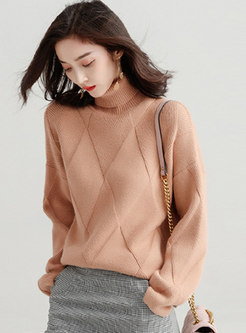 Autumn Apricot Thick Line High Neck Loose Knitted Sweater