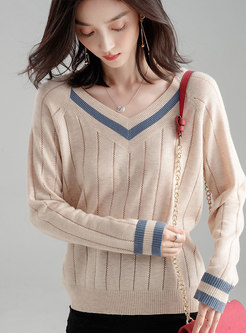 Stylish V-neck Pullover Knitted Woven Straight Sweater 
