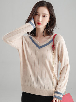 Stylish V-neck Pullover Knitted Woven Straight Sweater 