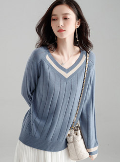 Stylish Blue V-neck Pullover Knitted Straight Sweater 