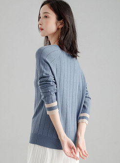 Stylish Blue V-neck Pullover Knitted Straight Sweater 