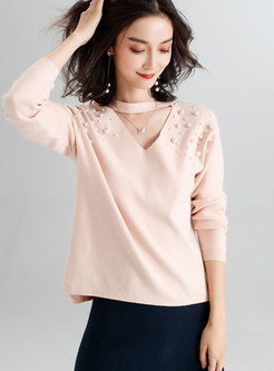 Chic Apricot Choker neck Bat Sweater With Beaded Detail 