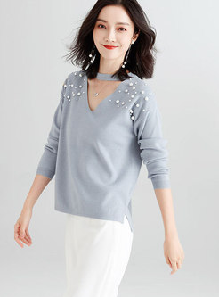 Chic Solid Color V-neck Bat Sweater With Beaded Detail 
