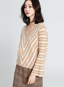 Apricot V-neck Flare Sleeve Striped Knitting Sweater