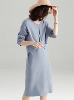 Stylish Monochrome V-neck Long Sleeve Knitting Dress