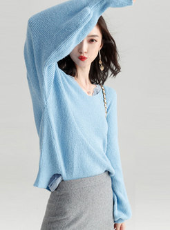 Chic Blue V-neck Mohair Knitted Sweater With Split