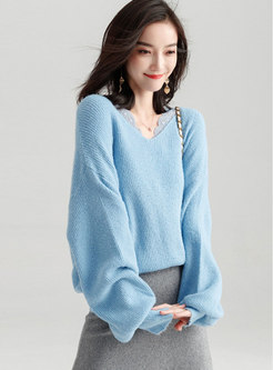 Chic Blue V-neck Mohair Knitted Sweater With Split