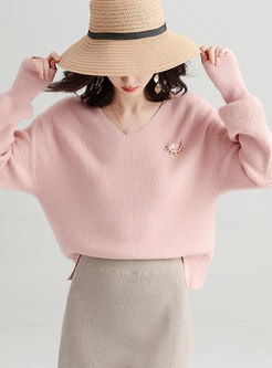Casual Pink V-neck Loose Knitted Sweater