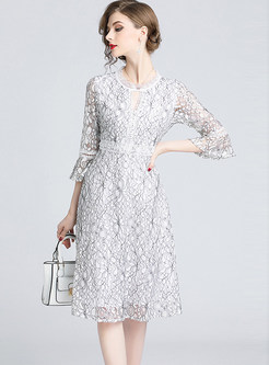 O-neck Hollow Out Flare Sleeve A Line Dress