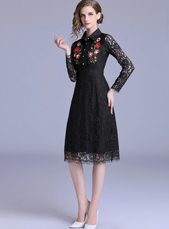 Black Lapel Single-breasted Embroidered Lace Dress