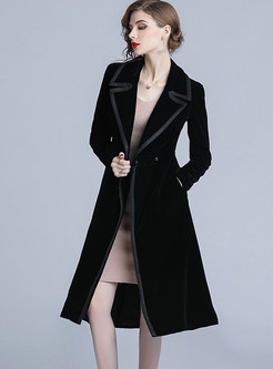 Notched Collar Single-breasted Velvet Long Overcoat