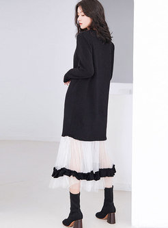 Color-blocked Splicing O-neck Perspective Falbala Knitted Dress
