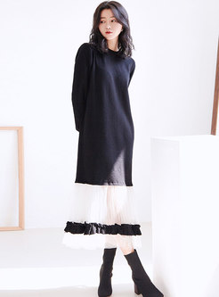 Color-blocked Splicing O-neck Perspective Falbala Knitted Dress
