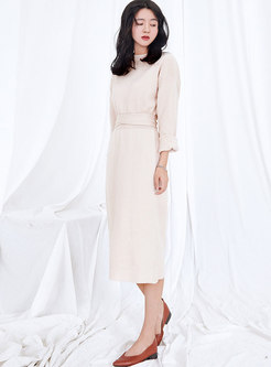 Solid Color Stand Collar Gathered Waist Slim Knitted Dress