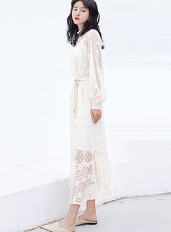 Pure Color Hollow Out Belted Falbala Lace Dress With Caim