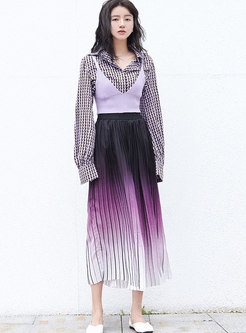 Color-blocked Elastic Waist Long Pleated Skirt