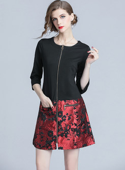 Stylish Color-blocked Zippered Mini A Line Dress