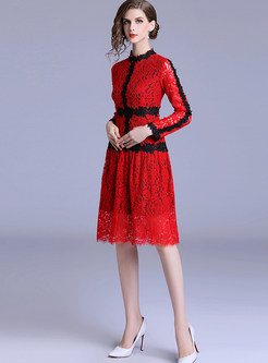 Color-blocked Long Sleeve Hollow Out Lace Waist Dress