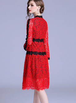 Color-blocked Long Sleeve Hollow Out Lace Waist Dress