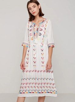 White Bohemia Embroidery Tied Tassel A-line Dress