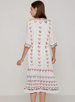 White Bohemia Embroidery Tied Tassel A-line Dress