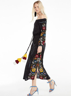 Bohemia Embroidery Slash Neck A-line Dress