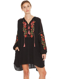 Black Long Sleeve Embroidered Shift Dress