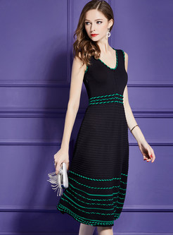 Sleeveless High Waist Striped A Line Knitted Dress