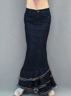 Multi-layer Falbala Pocket Denim Big Hem Skirt