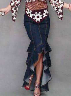 High Waisted Asymmetric Peplum Maxi Skirt
