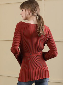 Trendy Brick Red Slash Neck Flare Sleeve Sweater With Bowknot