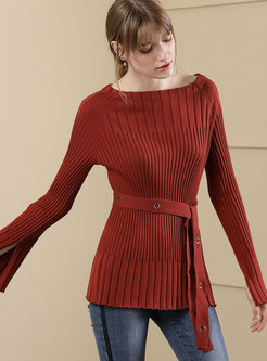 Trendy Brick Red Slash Neck Flare Sleeve Sweater With Bowknot