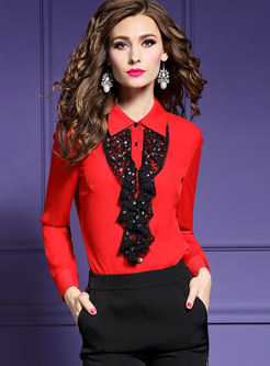 Chic Red Turn-down Collar Lace Stitching Blouse