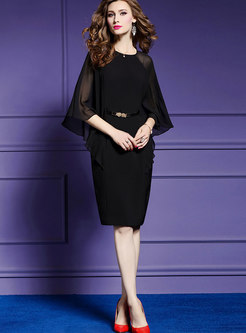 Sexy Black Bat Sleeve Lace Semi-sheer Split Midi Dress