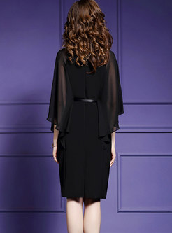 Sexy Black Bat Sleeve Lace Semi-sheer Split Midi Dress