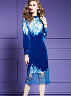 Stylish Elegant Velvet Lace Stitching Dress With Split