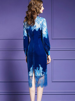 Stylish Elegant Velvet Lace Stitching Dress With Split