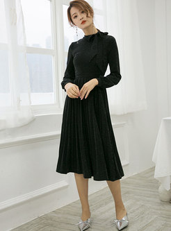Pure Color Tied-collar Gathered Waist Pleated Dress
