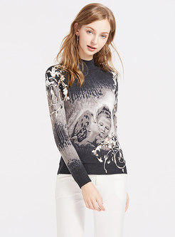 Chic Print Half Turtle Neck Pullover Sweater